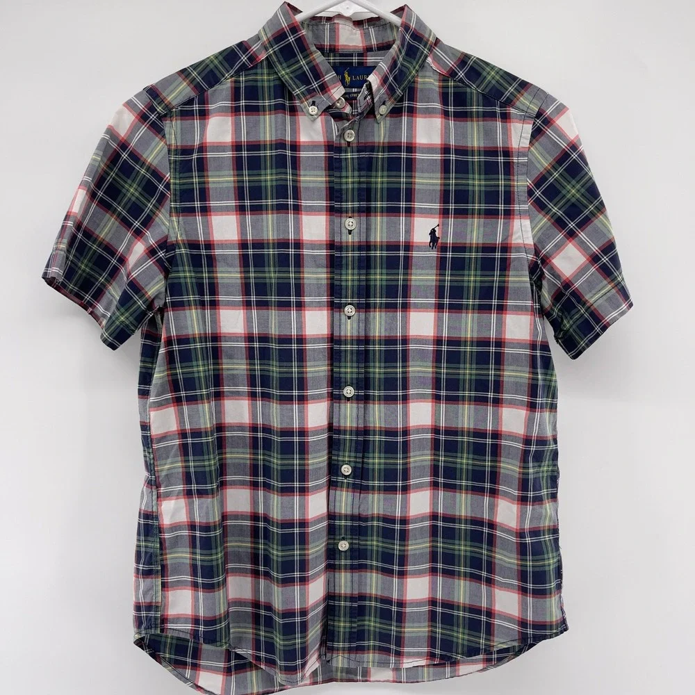 Kids Ralph Lauren Short Sleeve Plaid Button Down Shirt L G Natural Stretch‎